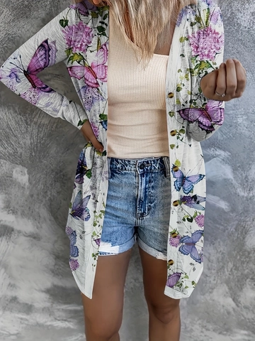 Damen Übergröße Schmetterling Floral Print Langarm Cardigan Elasthan Locker Revers Einreihig Oberteil Für Casual Daily Wear