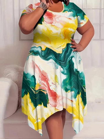 Vestito Taglia Comoda da Donna Manica Corta Girocollo Stampa Marmo Astratto Orlo Irregolare Estate Casual Elegante Vestito Midi