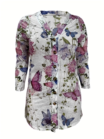 Damen Übergröße Schmetterling Floral Print Langarm Cardigan Elasthan Locker Revers Einreihig Oberteil Für Casual Daily Wear