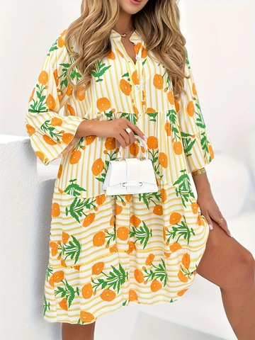 Plus Size Damen V-Ausschnitt Blumen Gestreift Gestuftes A-Linie Midi Kleid Langarm Trompetenärmel Knöpfen Casual Urlaub Kleid
