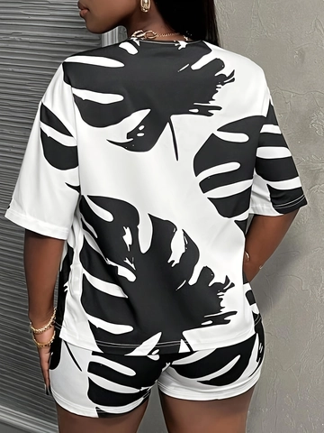 Women's Plus Size Two Piece Set V Neck Short Sleeve Top And Shorts Casual Summer Tropical Leaf Print Loungewear Tracksuit