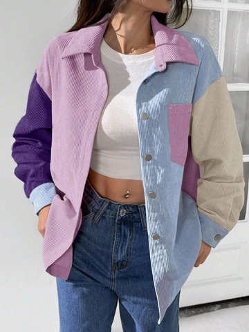 Chemise Femme Grande Taille en Velours Côtelé Bloc de Couleur Manches Longues Simple Boutonnage Décontracté Veste Haut