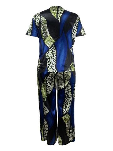 Damen Übergröße Satin-Look Leopardenmuster Paisley Print 2-Teiler Rundhals Kurzarm Top Und Lange Hose Lässige Homewear