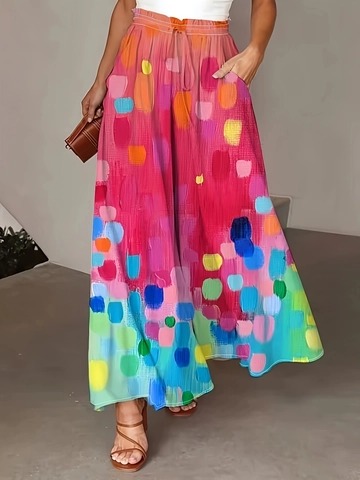 Damen Übergröße Hohe Taille Weites Bein Hose Abstrakter Blumen Druck Elastischer Kordelzug Lässig Lose Sommer Lange Hose