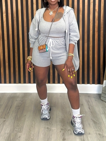 Women Plus Size 3 Piece Tracksuit Set Solid Heather Grey Zip Hoodie Tank Top And Drawstring Shorts Casual Athletic Loungewear
