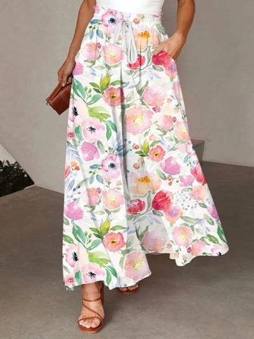 Damen Übergröße Hohe Taille Weites Bein Hose Abstrakter Blumen Druck Elastischer Kordelzug Lässig Lose Sommer Lange Hose
