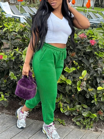 Dames Grote Maten Groene Joggingbroek Elastische Hoge Taille Trekkoord Sportief Casual Enkellengte Broek