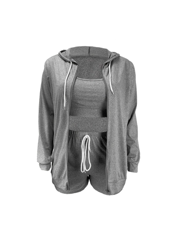 Women Plus Size 3 Piece Tracksuit Set Solid Heather Grey Zip Hoodie Tank Top And Drawstring Shorts Casual Athletic Loungewear