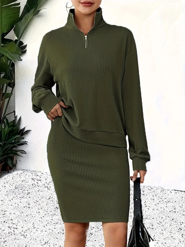 Plus Size Dames Geribbeld Gebreid Twee-Delig Outfit Half Zip Hoge Hals Lange Mouw Top En Bodycon Midi Rok Split Zoom Casual