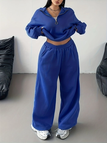 Ensemble Deux Pièces Décontracté Grande Taille pour Femmes Sweat-shirt à Manches Longues et Demi-Fermeture Éclair Pantalon Large Bleu Marine