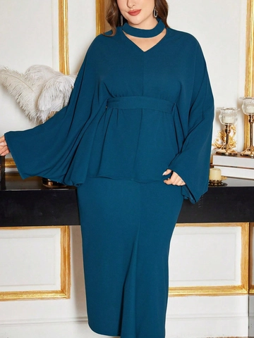Conjunto de Falda Elegante de Talla Grande para Mujer Azul Pavo Real Top con Cuello en V Manga Murciélago Y Falda Larga