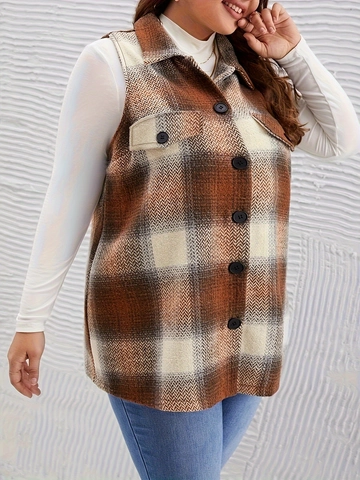 Damen Casual Plus Size Karierte Weste Lange Revers Wollmischung Karo-Weste Herbst Winter Ärmellose Oberbekleidung