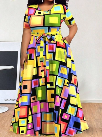 Damen Plus Size Kurzarm Bedrucktes Maxikleid Mit Gürtel Rundhals Elegant A-Linie Casual Party Floral Patchwork Kleid