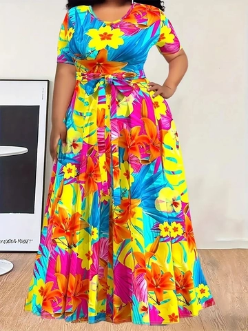Damen Plus Size Kurzarm Bedrucktes Maxikleid Mit Gürtel Rundhals Elegant A-Linie Casual Party Floral Patchwork Kleid