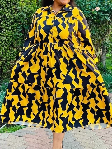 Vestido de Talla Grande con Estampado Geométrico Manga Larga Elegante Solapa Botones Vestido Largo Escalonado para Mujer