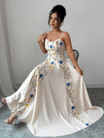 Damen Übergröße Französisch Elegant Blumig Spaghettiträger Maxi Kleid Sommer Ärmellos Großer Schwung Urlaub Strand Langes Sonnenkleid