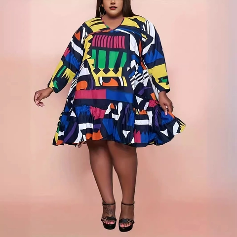 Plus Size Dames Jurk V-hals Lange Mouw Bedrukte Ruffle Hem Losse Casual A-Lijn Midi Jurk Voor Feest Vakantie