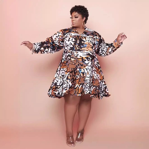 Plus Size Dames Jurk V-hals Lange Mouw Bedrukte Ruffle Hem Losse Casual A-Lijn Midi Jurk Voor Feest Vakantie