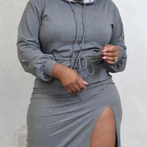 Women Plus Size Hoodie Dress Casual Solid Color Long Sleeve Drawstring Side Slit Athleisure Midi Dress Long Top