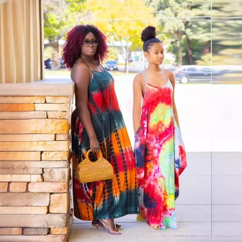 Damen Plus Size Batik-Maxikleid Lose V-Ausschnitt Ärmellos Urlaub Strand Oversize Langes Kleid Mit Taschen