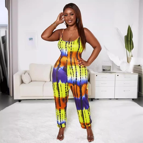 Tuta da Donna Taglie Forti Tie-Dye con Spalline Sottili Senza Maniche Vestibilità Slim Cerniera Posteriore Vita Alta Pantaloni Lunghi