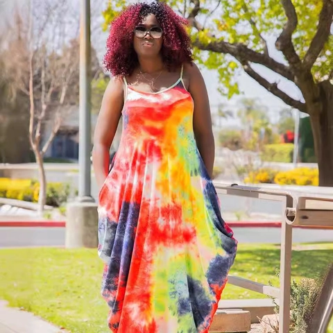 Damen Plus Size Batik-Maxikleid Lose V-Ausschnitt Ärmellos Urlaub Strand Oversize Langes Kleid Mit Taschen