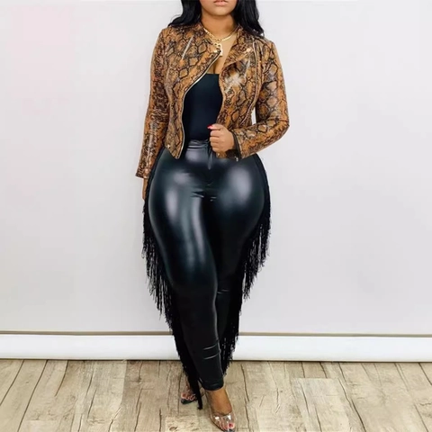 Women Sexy High Waist Tassel Fringe PU Leather Pants Solid Color Slim Fit Party Clubwear Plus Size Skinny Trousers
