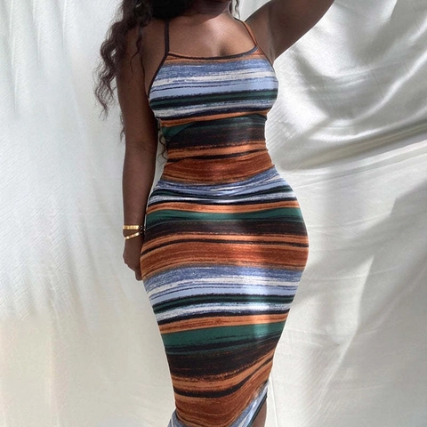 Damen Übergröße Sexy Batik Bodycon Kleid Midi Überkreuzter Rückenausschnitt Ärmellos Mehrfarbig Gestreift Trägerkleid Party Clubwear
