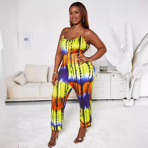 Tuta da Donna Taglie Forti Tie-Dye con Spalline Sottili Senza Maniche Vestibilità Slim Cerniera Posteriore Vita Alta Pantaloni Lunghi