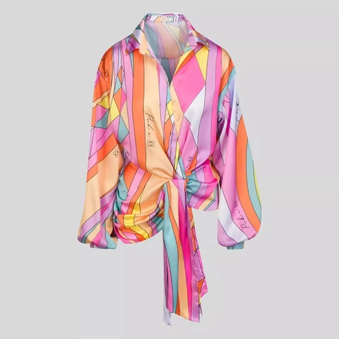 Blouse For Plus Size Women Geometric Print Satin Long Lantern Sleeve Tie Waist V Neck Casual Abstract Pattern Shirt Top