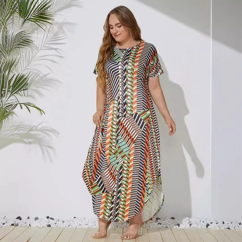 Vestido Largo de Talla Grande para Mujer con Estampado Geométrico Manga Corta Dobladillo Irregular Asimétrico Informal Boho