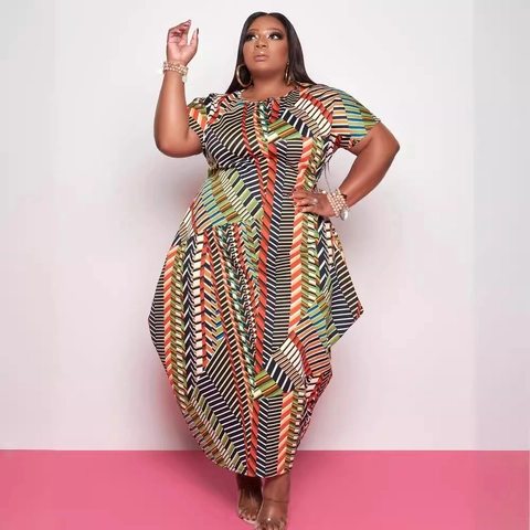 Vestido Largo de Talla Grande para Mujer con Estampado Geométrico Manga Corta Dobladillo Irregular Asimétrico Informal Boho