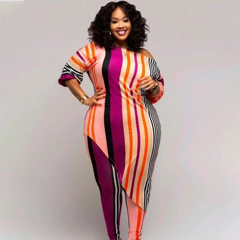 Women Plus Size Stripe Outfit Off Shoulder Asymmetric Hem Long Sleeve Top And Long Pants Multi Color Fashion Clothing