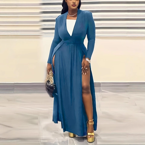 Vestido Largo de Talla Grande para Mujer Sexy Cuello en V Abertura Alta Manga Larga Elegante Color Sólido Fiesta Banquete