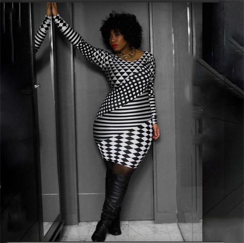 Vestido de Talla Grande para Mujer con Estampado Geométrico Manga Larga Bodycon Midi Patchwork Elegante Lunares Rayas Vestido de Fiesta