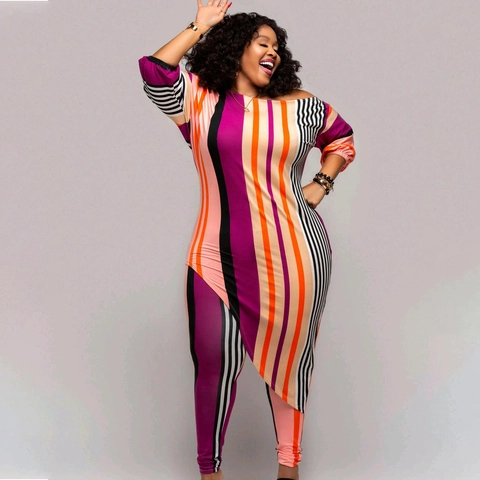 Women Plus Size Stripe Outfit Off Shoulder Asymmetric Hem Long Sleeve Top And Long Pants Multi Color Fashion Clothing