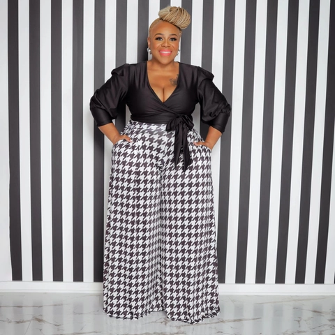 Women Plus Size Houndstooth Pants Set Polyester V-Neck Tie Waist Puff Sleeve Top High Waist Wide Leg Trousers Two Piece Set