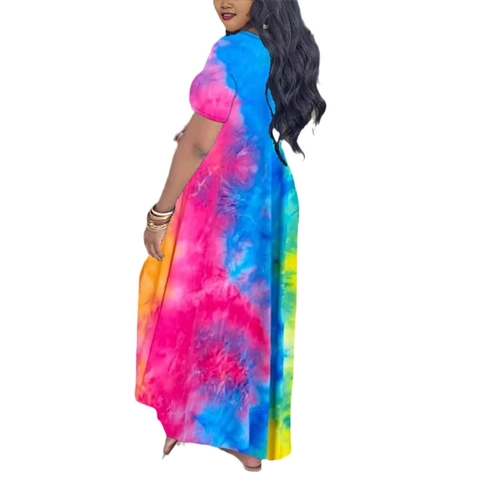 Abito Maxi Tie-Dye Taglie Forti Donna Scollo a V Manica Corta Casual Allentato Abito Lungo a Linea A Con Tasche