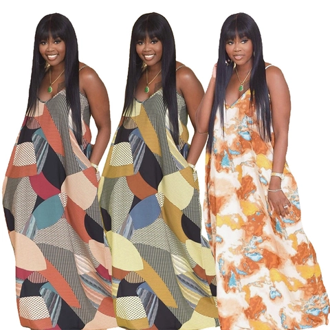 Women Plus Size Maxi Dress Spaghetti Strap V Neck Abstract Geometric Print Sleeveless Loose Summer Casual Polyester Long Dress