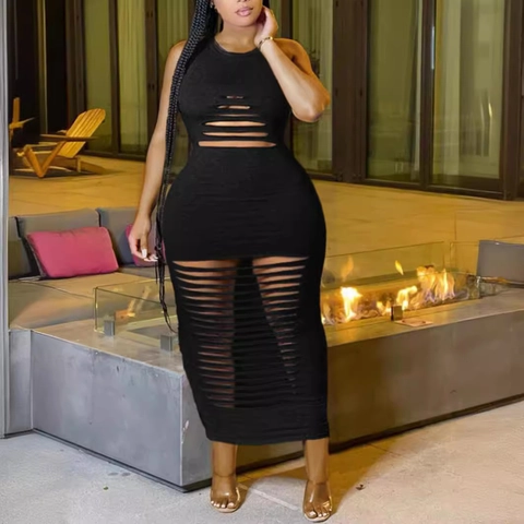 Damen Übergröße Sexy Ärmellos Ausgehöhlt Shredded Maxi Kleid Elegant Figurbetont Lang Weste Kleid Für Party Clubwear Einfarbig