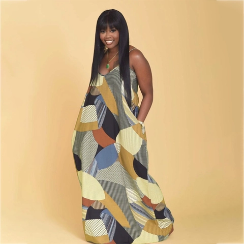 Women Plus Size Maxi Dress Spaghetti Strap V Neck Abstract Geometric Print Sleeveless Loose Summer Casual Polyester Long Dress