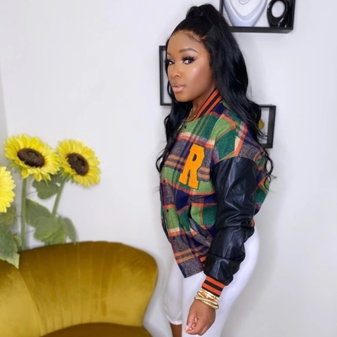 Damen Plus Size Varsity Jacke Karomuster PU Leder Patchwork Buchstaben Bestickte Baseball Jacke Mantel
