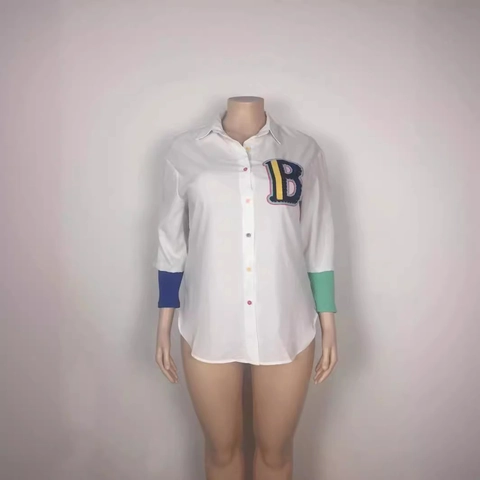 Women Plus Size Color Block Long Sleeve Shirt Embroidery Letter B Patchwork Oversized Blouse Casual Colorful Buttons Top
