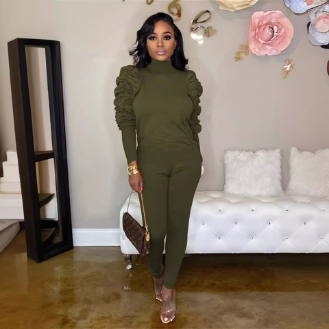 Women Plus Size Two Piece Outfit Ruched Long Sleeve Mock Neck Top And Bodycon Pants Set Solid Color Fashion Tracksuit