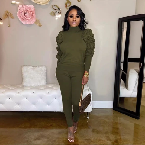 Women Plus Size Two Piece Outfit Ruched Long Sleeve Mock Neck Top And Bodycon Pants Set Solid Color Fashion Tracksuit