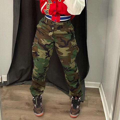 Damen American Streetwear Camouflage Cargohose Locker Hohe Taille Multi Taschen Jogger Armeegrün Camo Streetwear Hose