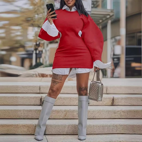 Robe Sweat-Shirt Femme Look Superposé Taille Ajourée Manche Lanterne Col Chemise Patchwork Casual Street Style Mini Robe