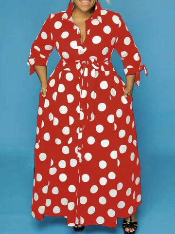 Vestido Camisero de Talla Grande para Mujer con Lunares Manga Larga Botonadura Con Cinturón Línea A Vestidos Maxi