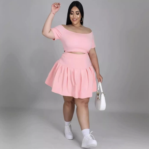 Damen Übergröße Schulterfreies Crop Top Und Plissee Minirock Anzug Einfarbig Lässiges Kurzarm Sommer Outfit