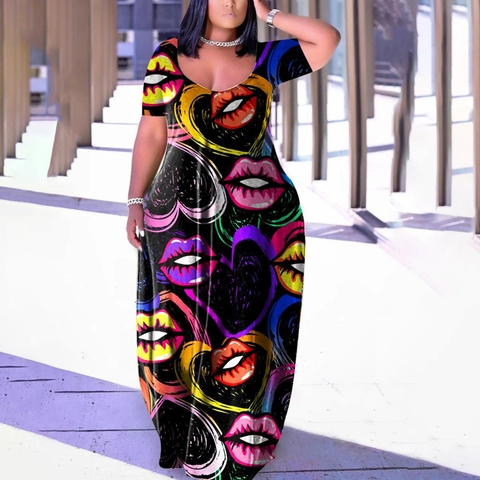 Abito Maxi Bodycon Taglie Forti da Donna Stampa Pop Art Labbra Cuore Manica Corta Girocollo Slim Fit Casual Party Abito Lungo